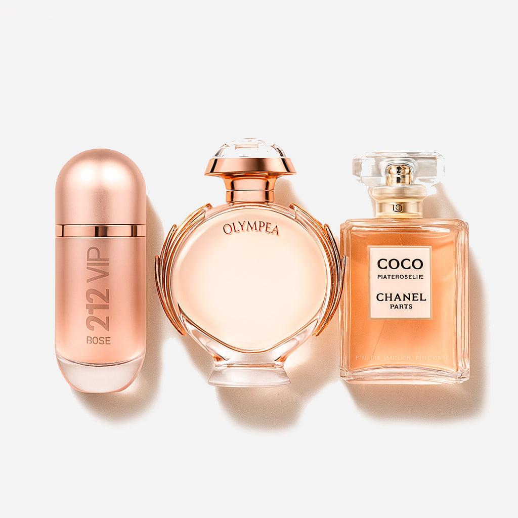 Zestaw 3 perfum: Carolina Herrera 212 VIP ROSÉ, Paco Rabanne OLYMPÉA  Chanel COCO MADEMOISELLE